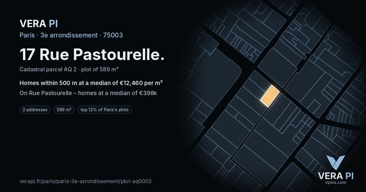 17 Rue Pastourelle, 3e arrondissement at night – the plot lit, the parcels around coloured by the prices near them