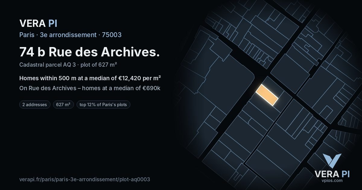 74 b Rue des Archives, 3e arrondissement at night – the plot lit, the parcels around coloured by the prices near them