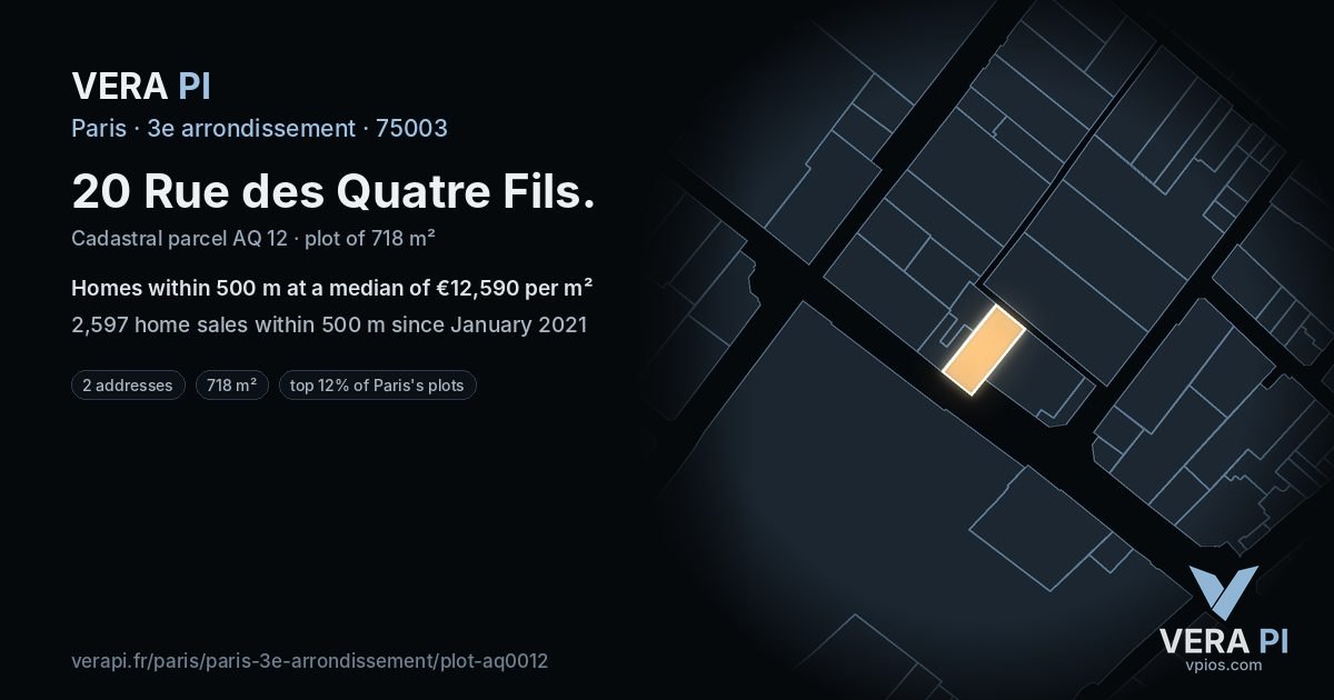 20 Rue des Quatre Fils, 3e arrondissement at night – the plot lit, the parcels around coloured by the prices near them