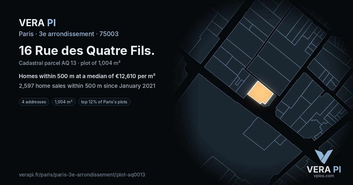 16 Rue des Quatre Fils, 3e arrondissement at night – the plot lit, the parcels around coloured by the prices near them