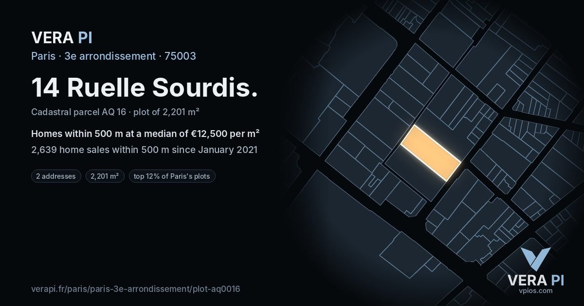 14 Ruelle Sourdis, 3e arrondissement at night – the plot lit, the parcels around coloured by the prices near them