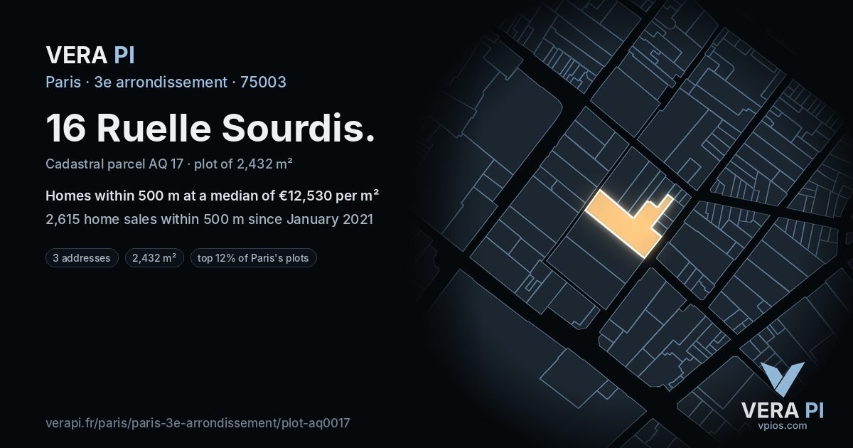 16 Ruelle Sourdis, 3e arrondissement at night – the plot lit, the parcels around coloured by the prices near them