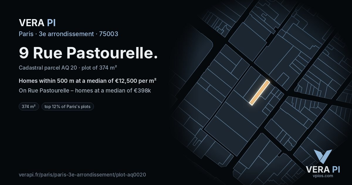 9 Rue Pastourelle, 3e arrondissement at night – the plot lit, the parcels around coloured by the prices near them
