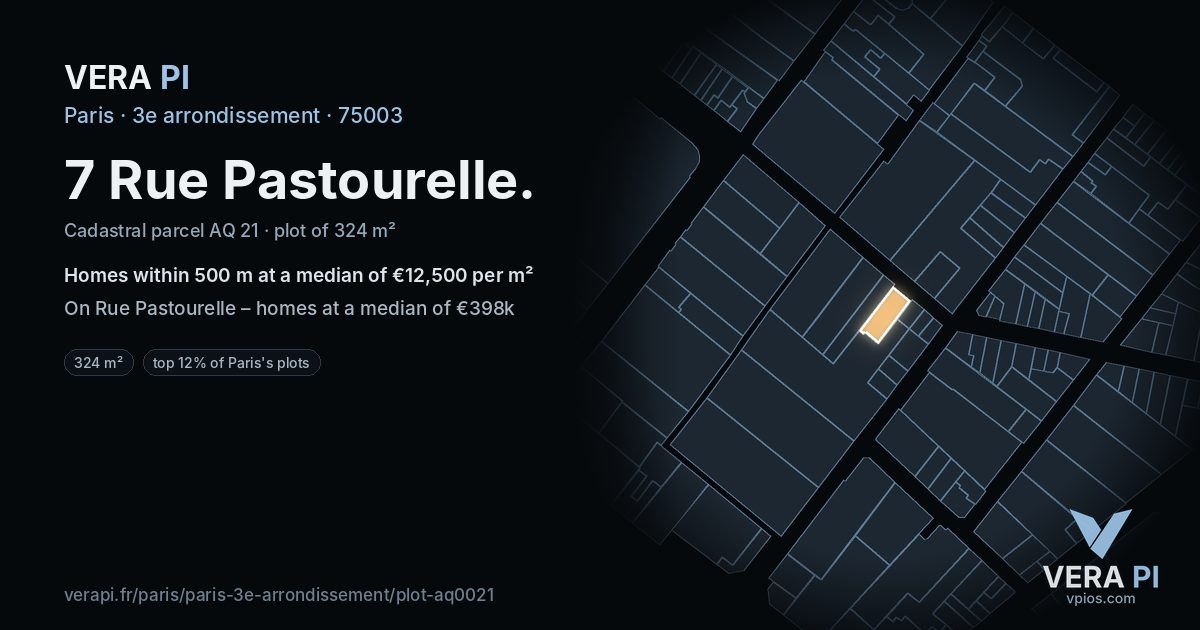 7 Rue Pastourelle, 3e arrondissement at night – the plot lit, the parcels around coloured by the prices near them