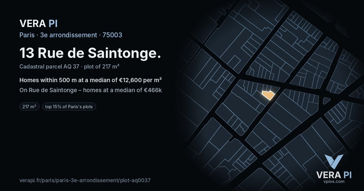 13 Rue de Saintonge, 3e arrondissement at night – the plot lit, the parcels around coloured by the prices near them