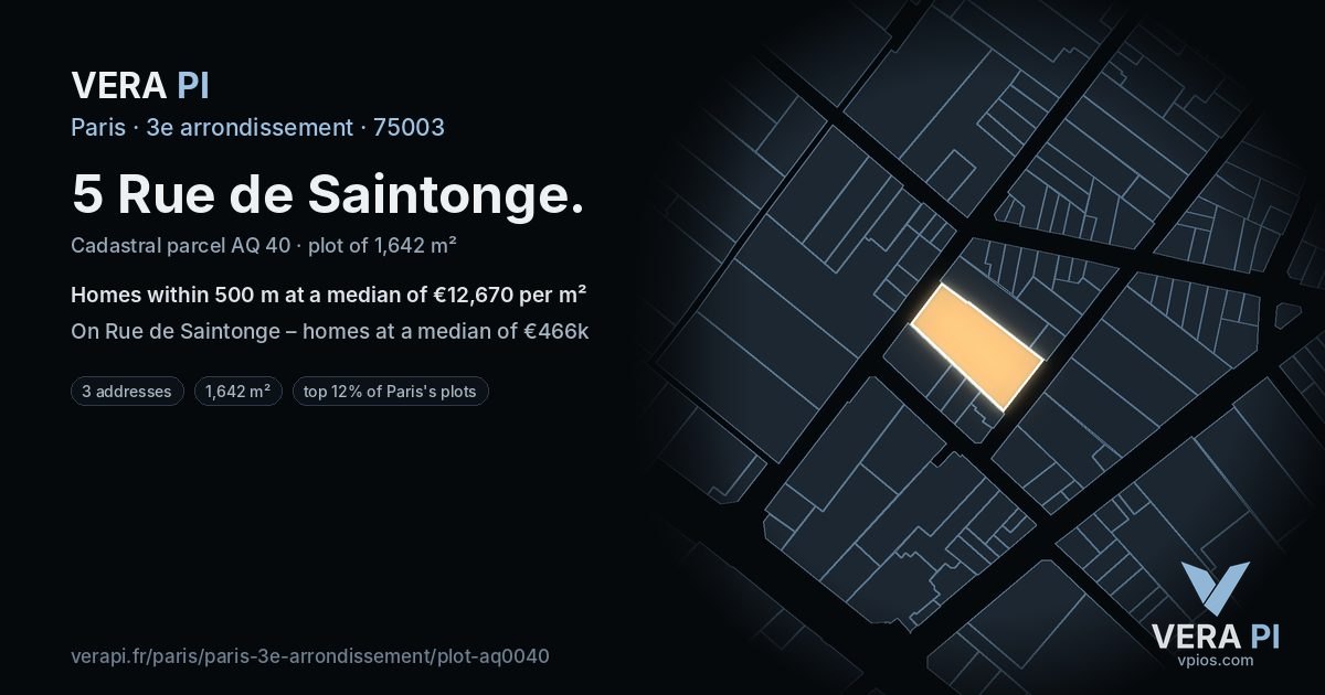 5 Rue de Saintonge, 3e arrondissement at night – the plot lit, the parcels around coloured by the prices near them