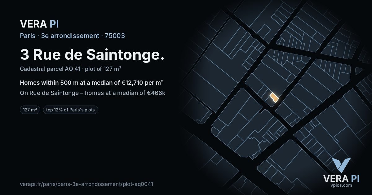 3 Rue de Saintonge, 3e arrondissement at night – the plot lit, the parcels around coloured by the prices near them