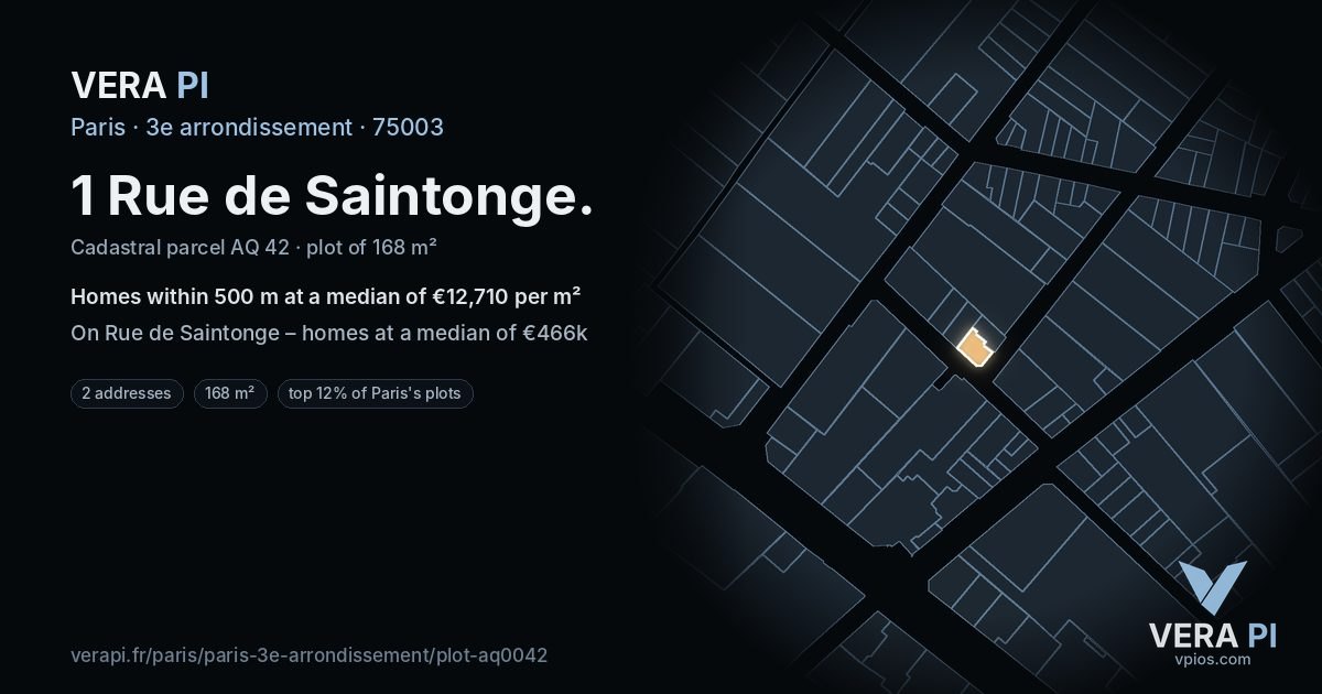 1 Rue de Saintonge, 3e arrondissement at night – the plot lit, the parcels around coloured by the prices near them