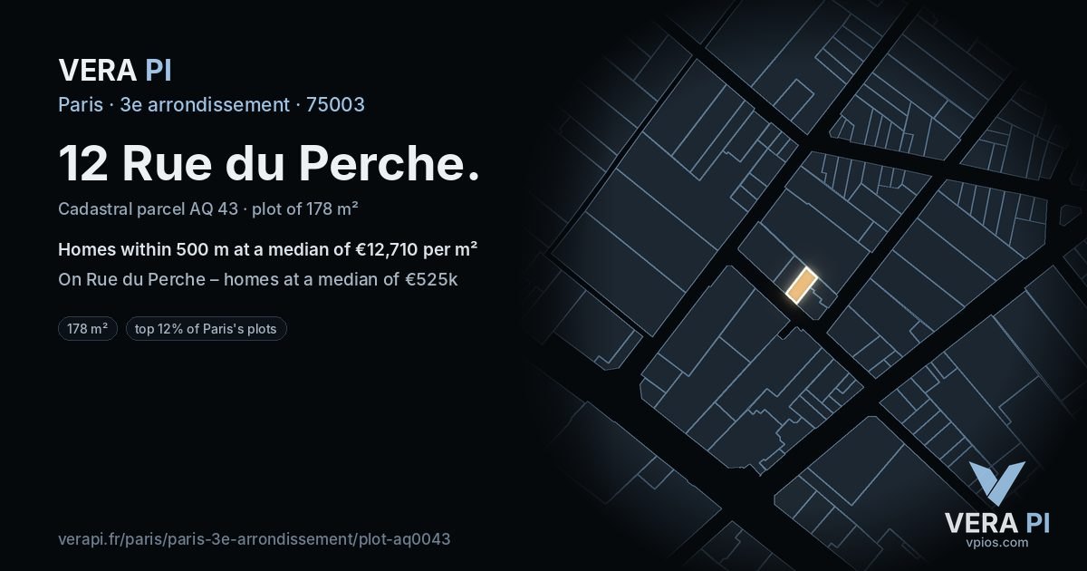 12 Rue du Perche, 3e arrondissement at night – the plot lit, the parcels around coloured by the prices near them