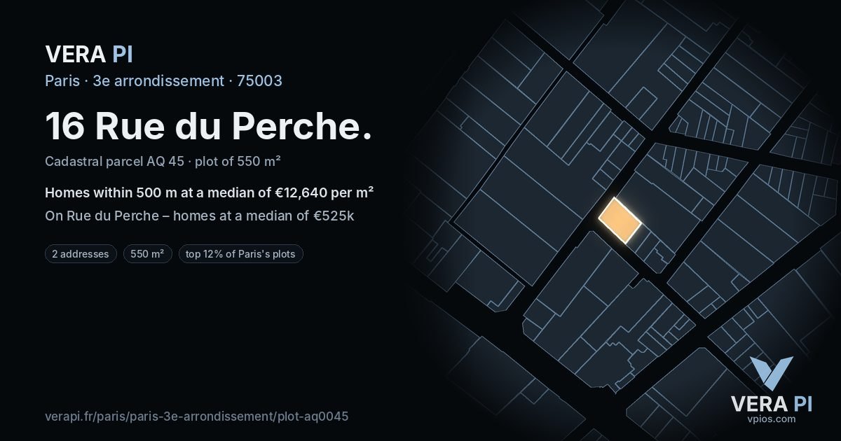 16 Rue du Perche, 3e arrondissement at night – the plot lit, the parcels around coloured by the prices near them