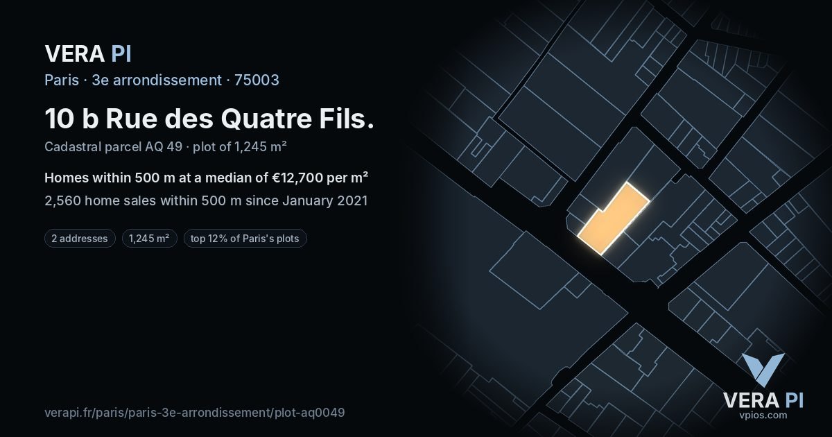 10 b Rue des Quatre Fils, 3e arrondissement at night – the plot lit, the parcels around coloured by the prices near them