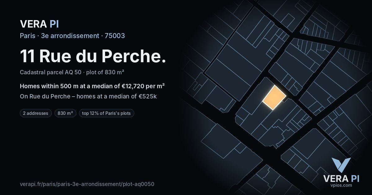 11 Rue du Perche, 3e arrondissement at night – the plot lit, the parcels around coloured by the prices near them