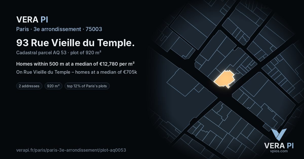 93 Rue Vieille du Temple, 3e arrondissement at night – the plot lit, the parcels around coloured by the prices near them