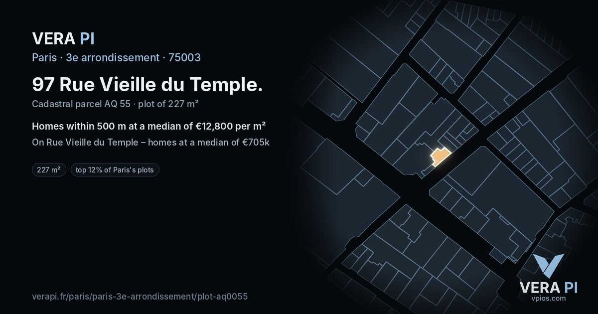 97 Rue Vieille du Temple, 3e arrondissement at night – the plot lit, the parcels around coloured by the prices near them
