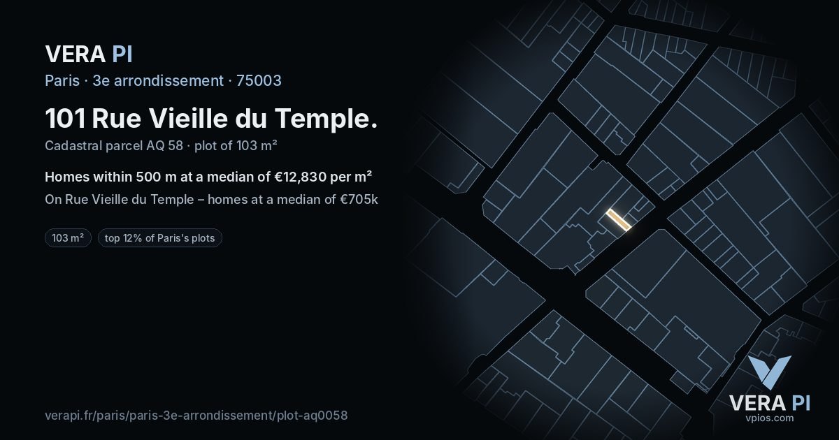101 Rue Vieille du Temple, 3e arrondissement at night – the plot lit, the parcels around coloured by the prices near them