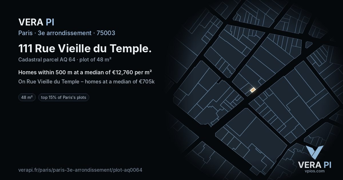 111 Rue Vieille du Temple, 3e arrondissement at night – the plot lit, the parcels around coloured by the prices near them