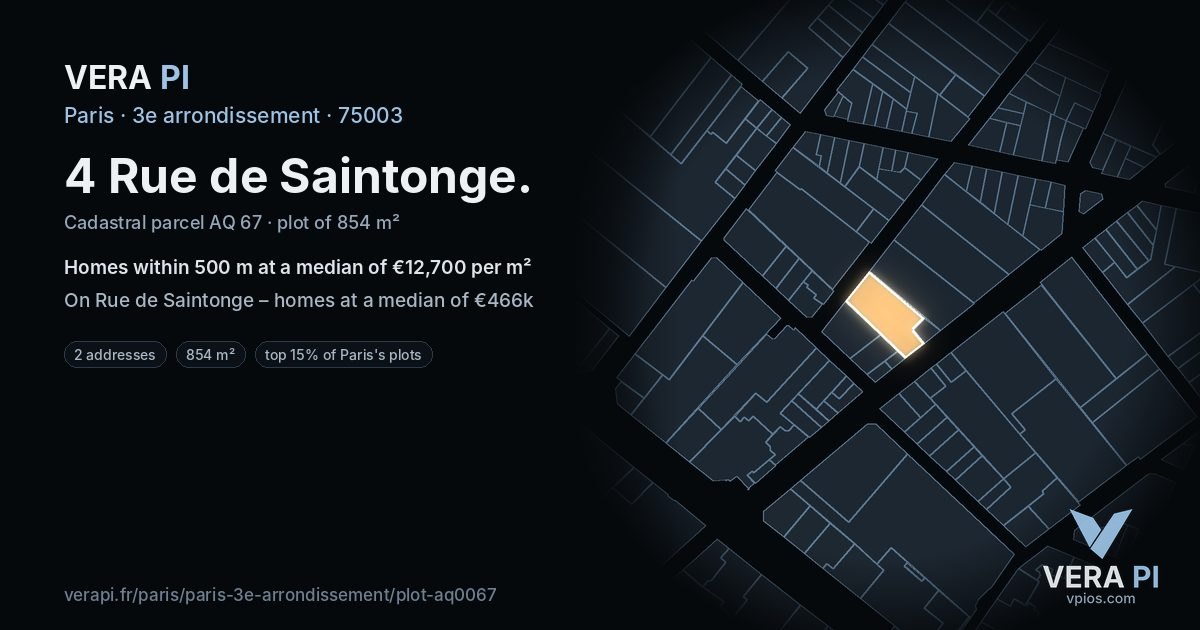 4 Rue de Saintonge, 3e arrondissement at night – the plot lit, the parcels around coloured by the prices near them