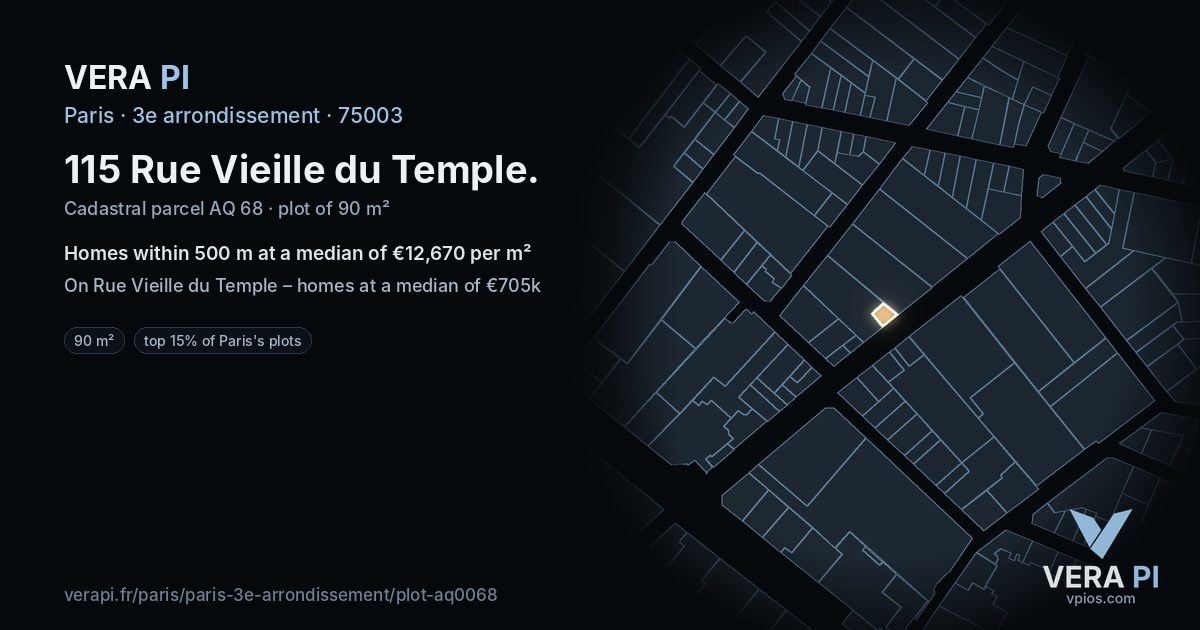115 Rue Vieille du Temple, 3e arrondissement at night – the plot lit, the parcels around coloured by the prices near them