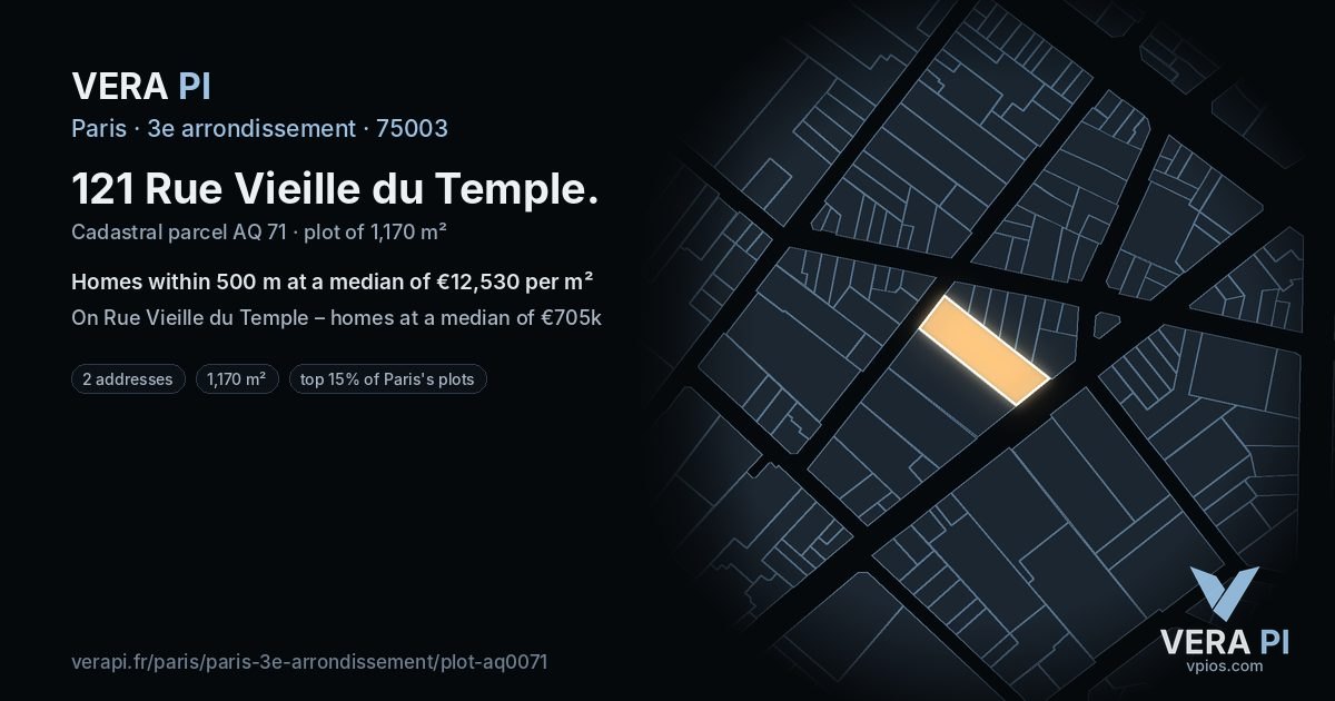 121 Rue Vieille du Temple, 3e arrondissement at night – the plot lit, the parcels around coloured by the prices near them