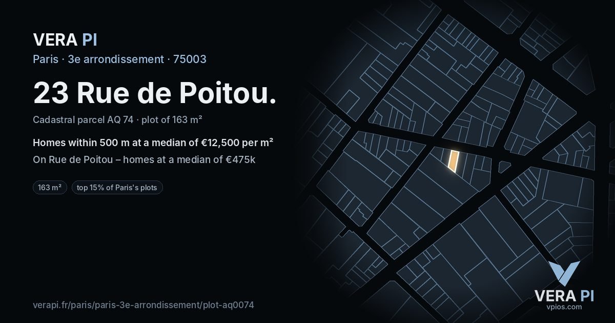 23 Rue de Poitou, 3e arrondissement at night – the plot lit, the parcels around coloured by the prices near them