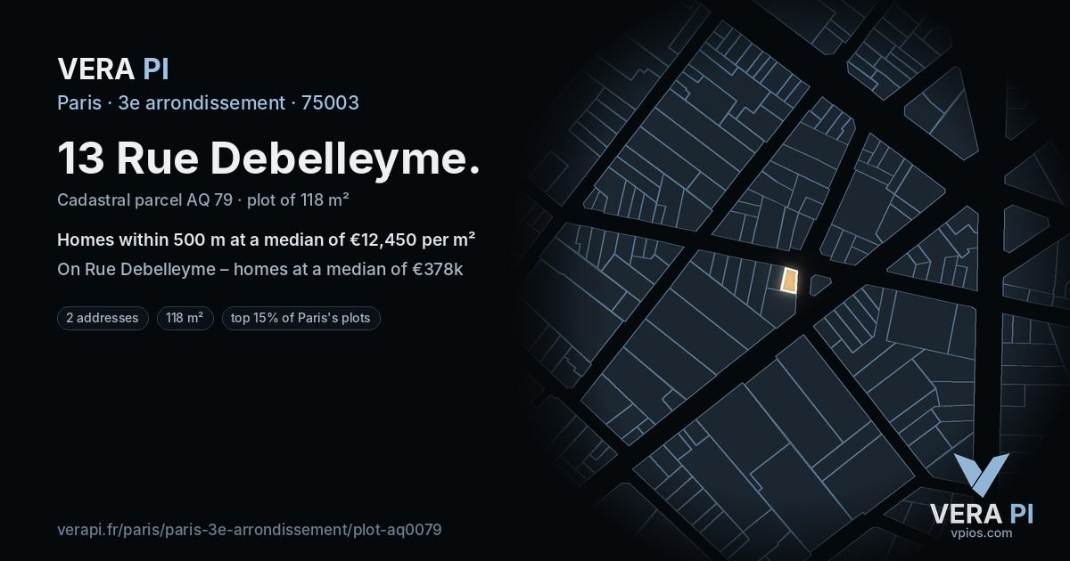 13 Rue Debelleyme, 3e arrondissement at night – the plot lit, the parcels around coloured by the prices near them