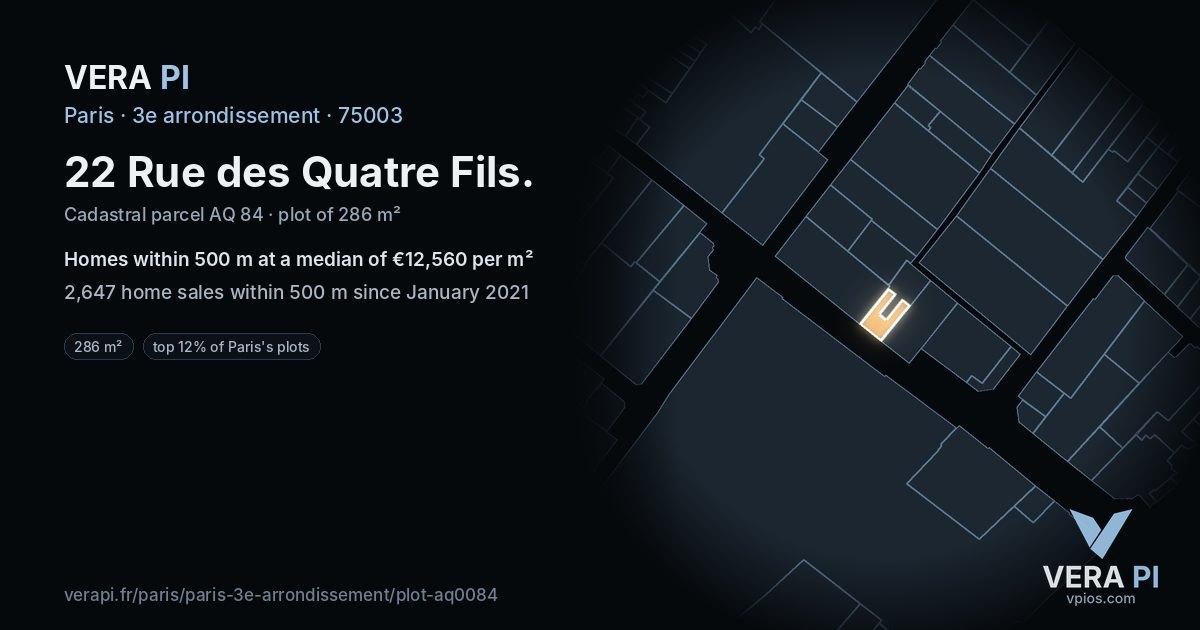 22 Rue des Quatre Fils, 3e arrondissement at night – the plot lit, the parcels around coloured by the prices near them