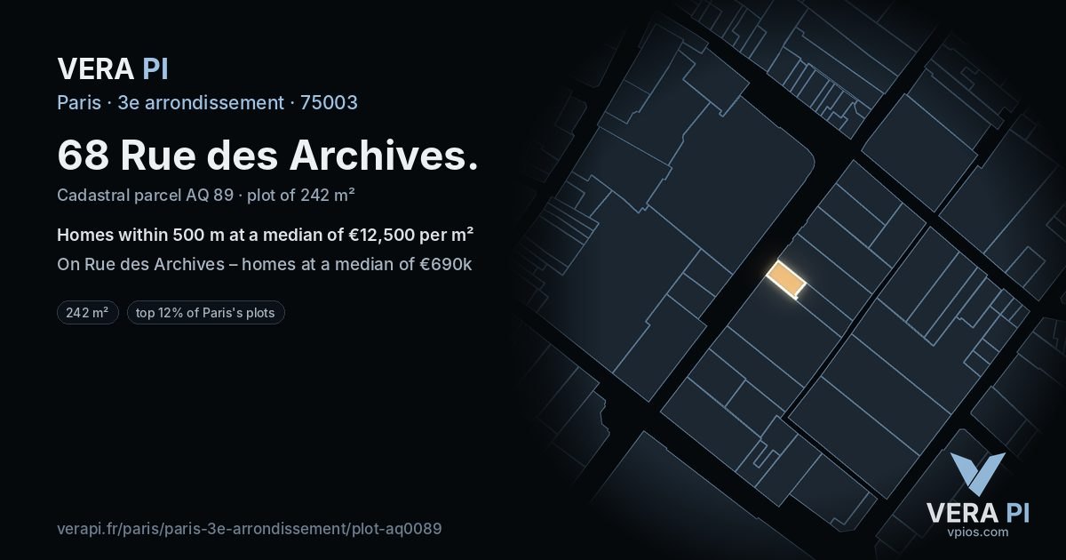 68 Rue des Archives, 3e arrondissement at night – the plot lit, the parcels around coloured by the prices near them