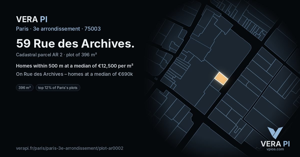 59 Rue des Archives, 3e arrondissement at night – the plot lit, the parcels around coloured by the prices near them