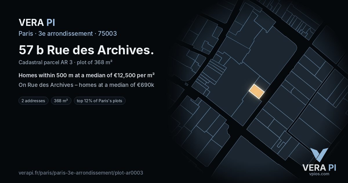57 b Rue des Archives, 3e arrondissement at night – the plot lit, the parcels around coloured by the prices near them