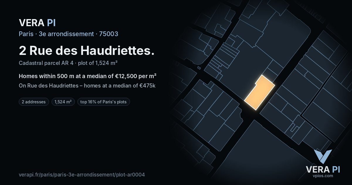 2 Rue des Haudriettes, 3e arrondissement at night – the plot lit, the parcels around coloured by the prices near them