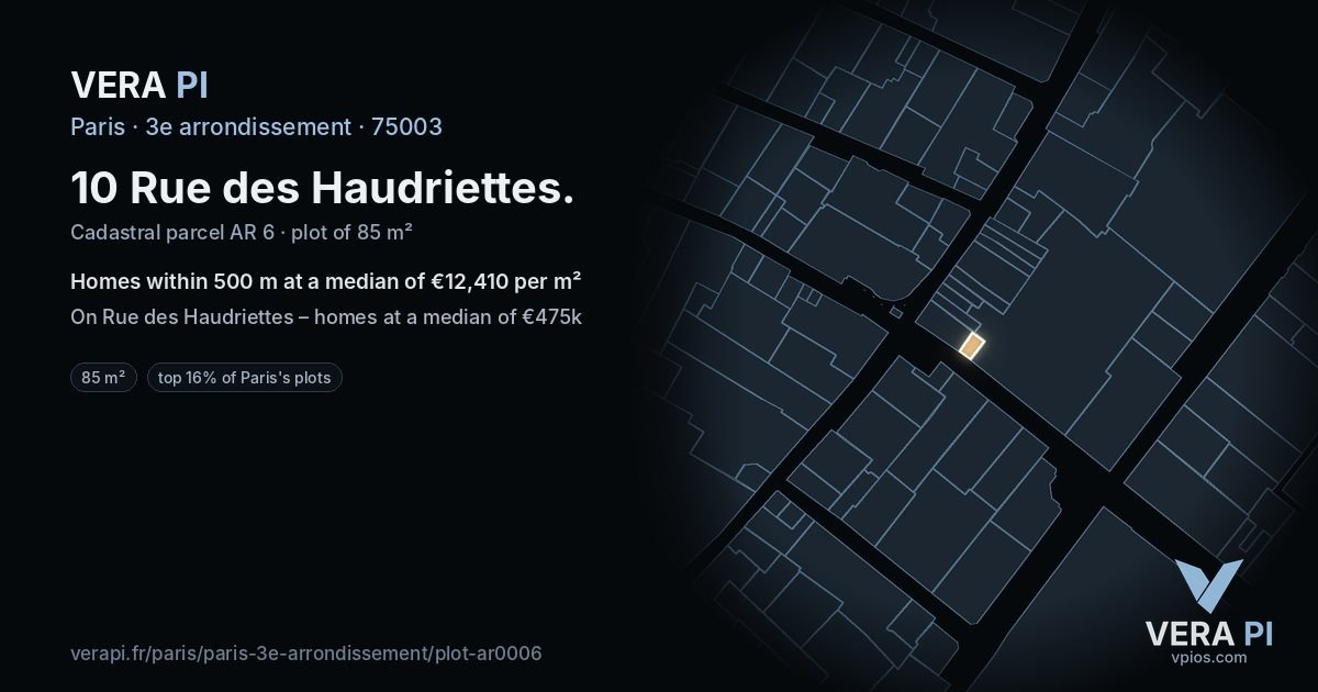 10 Rue des Haudriettes, 3e arrondissement at night – the plot lit, the parcels around coloured by the prices near them