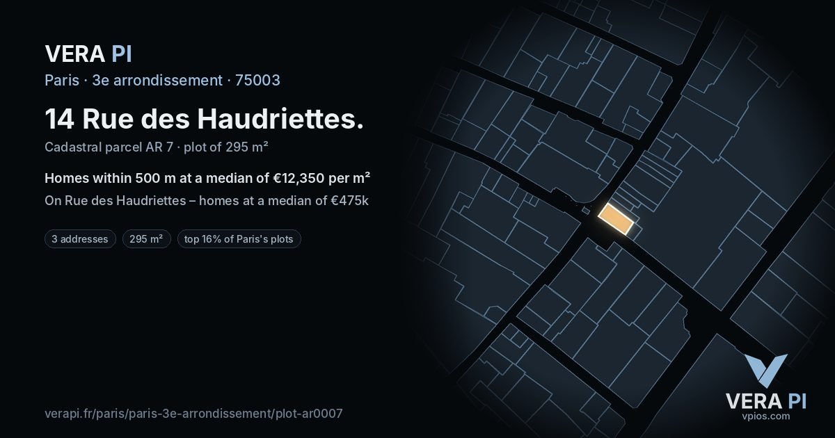 14 Rue des Haudriettes, 3e arrondissement at night – the plot lit, the parcels around coloured by the prices near them