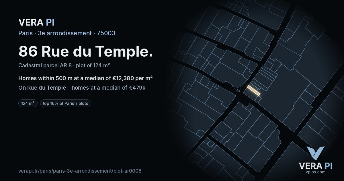 86 Rue du Temple, 3e arrondissement at night – the plot lit, the parcels around coloured by the prices near them