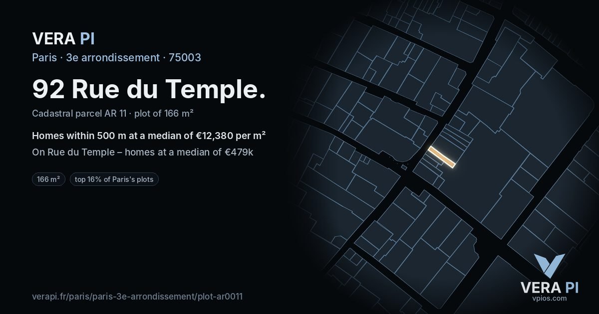 92 Rue du Temple, 3e arrondissement at night – the plot lit, the parcels around coloured by the prices near them