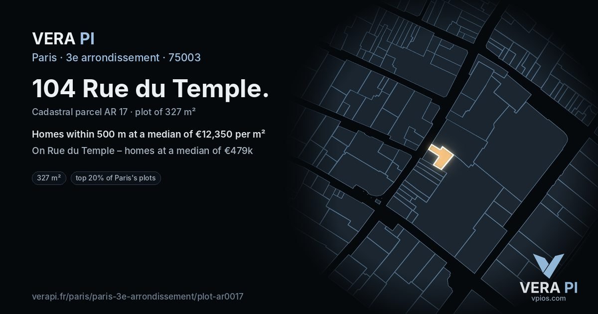 104 Rue du Temple, 3e arrondissement at night – the plot lit, the parcels around coloured by the prices near them