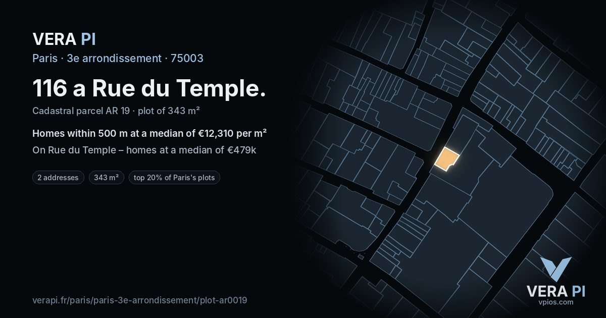 116 a Rue du Temple, 3e arrondissement at night – the plot lit, the parcels around coloured by the prices near them