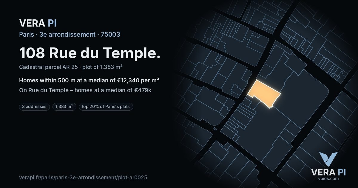 108 Rue du Temple, 3e arrondissement at night – the plot lit, the parcels around coloured by the prices near them