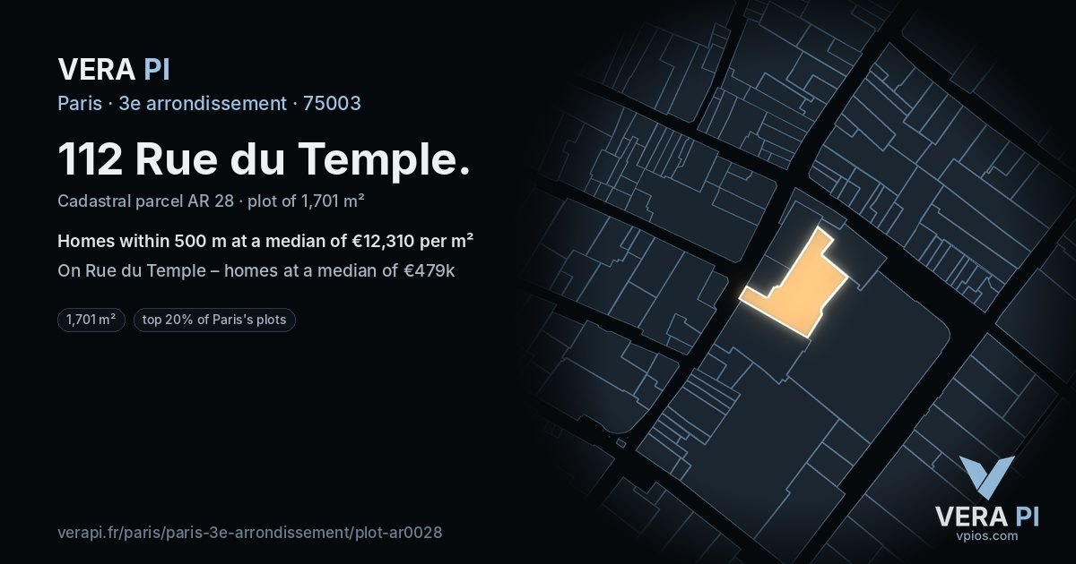 112 Rue du Temple, 3e arrondissement at night – the plot lit, the parcels around coloured by the prices near them