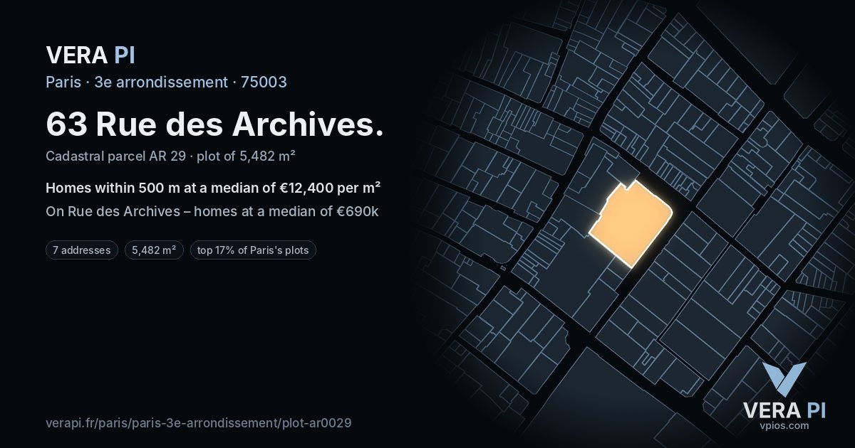 63 Rue des Archives, 3e arrondissement at night – the plot lit, the parcels around coloured by the prices near them