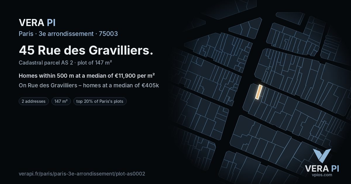 45 Rue des Gravilliers, 3e arrondissement at night – the plot lit, the parcels around coloured by the prices near them