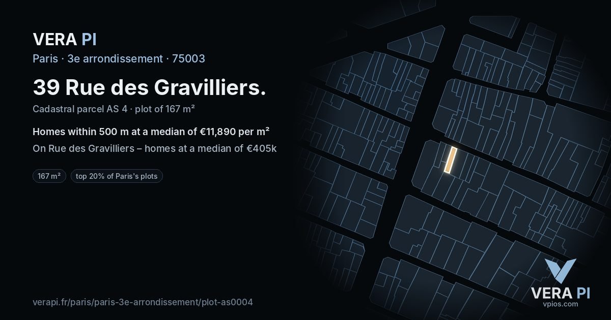 39 Rue des Gravilliers, 3e arrondissement at night – the plot lit, the parcels around coloured by the prices near them
