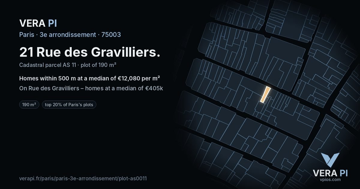 21 Rue des Gravilliers, 3e arrondissement at night – the plot lit, the parcels around coloured by the prices near them