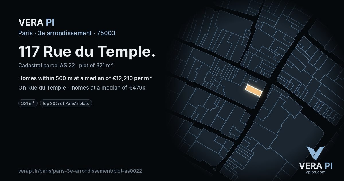 117 Rue du Temple, 3e arrondissement at night – the plot lit, the parcels around coloured by the prices near them