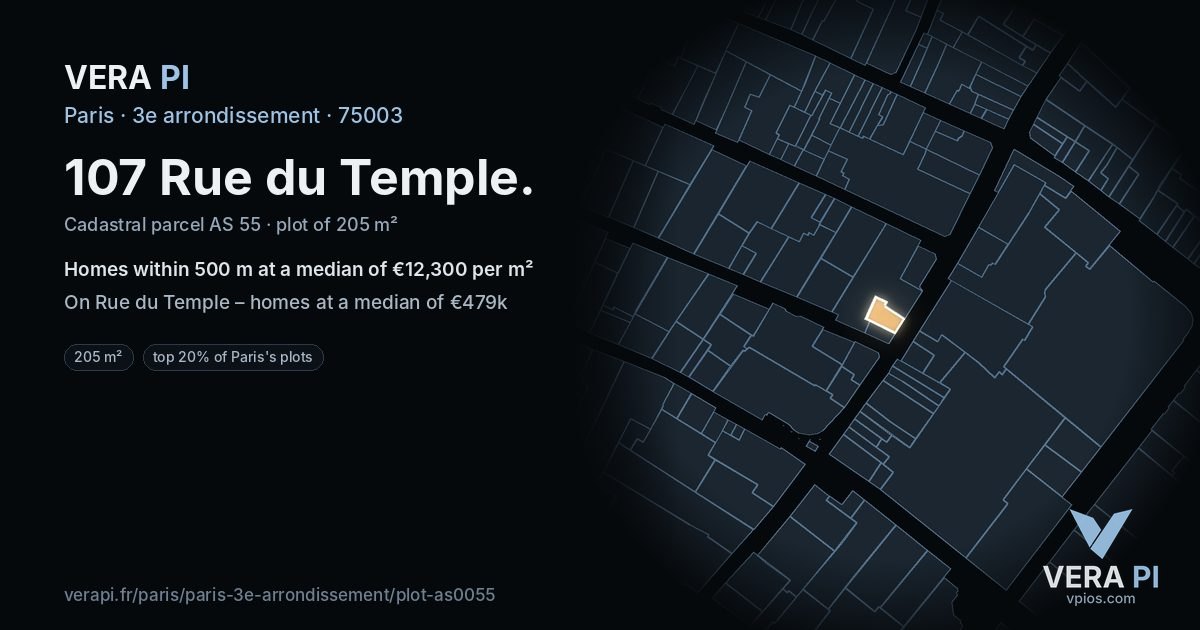107 Rue du Temple, 3e arrondissement at night – the plot lit, the parcels around coloured by the prices near them