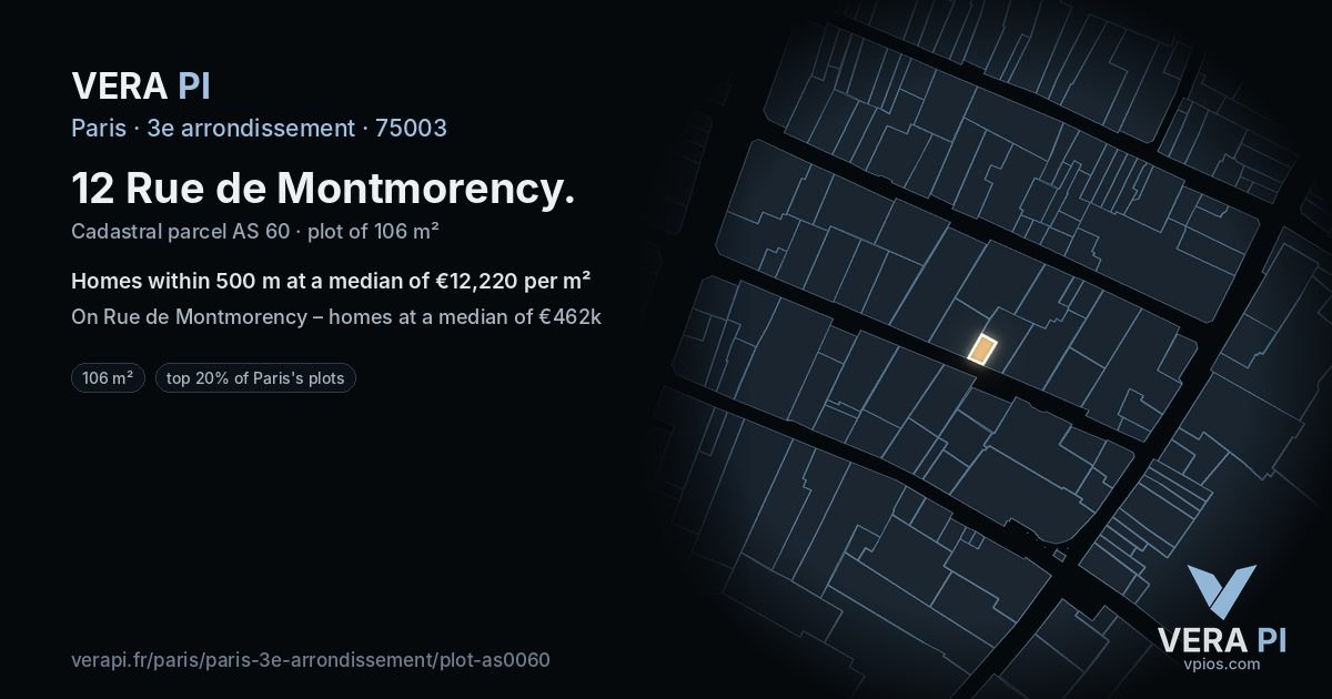12 Rue de Montmorency, 3e arrondissement at night – the plot lit, the parcels around coloured by the prices near them
