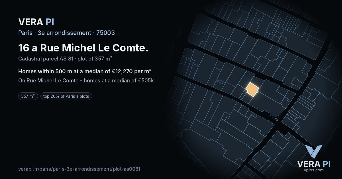 16 a Rue Michel Le Comte, 3e arrondissement at night – the plot lit, the parcels around coloured by the prices near them