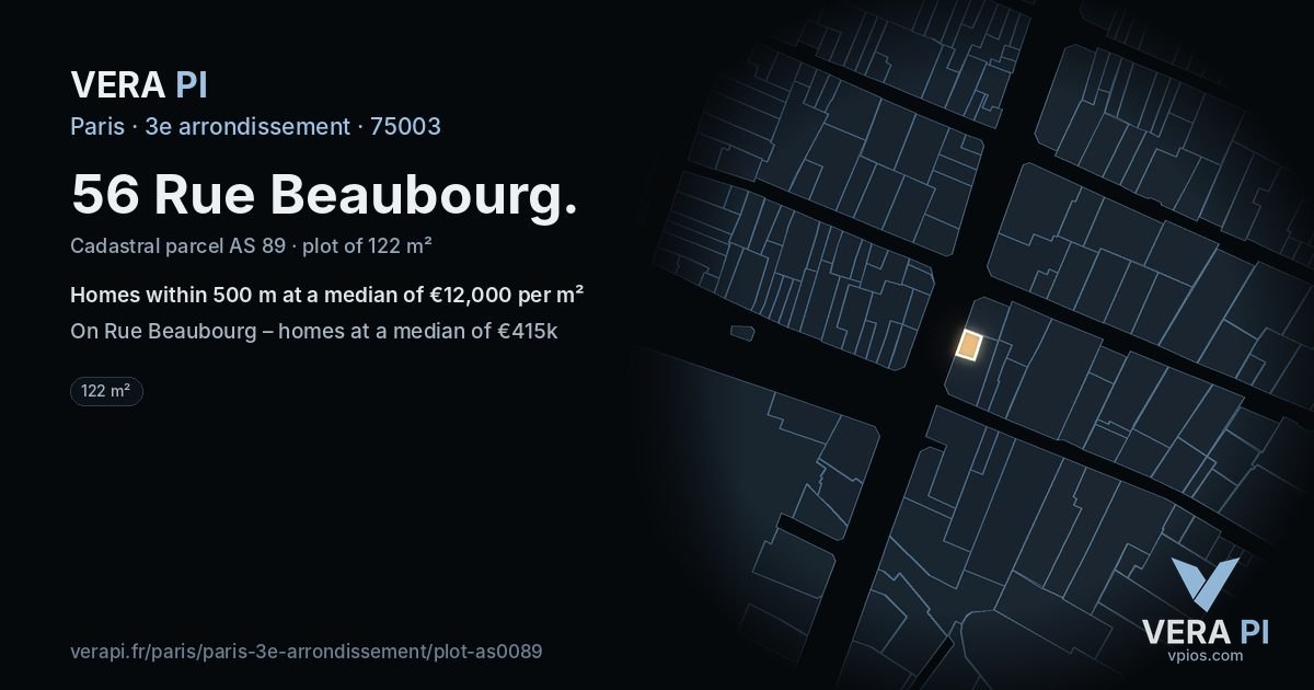56 Rue Beaubourg, 3e arrondissement at night – the plot lit, the parcels around coloured by the prices near them