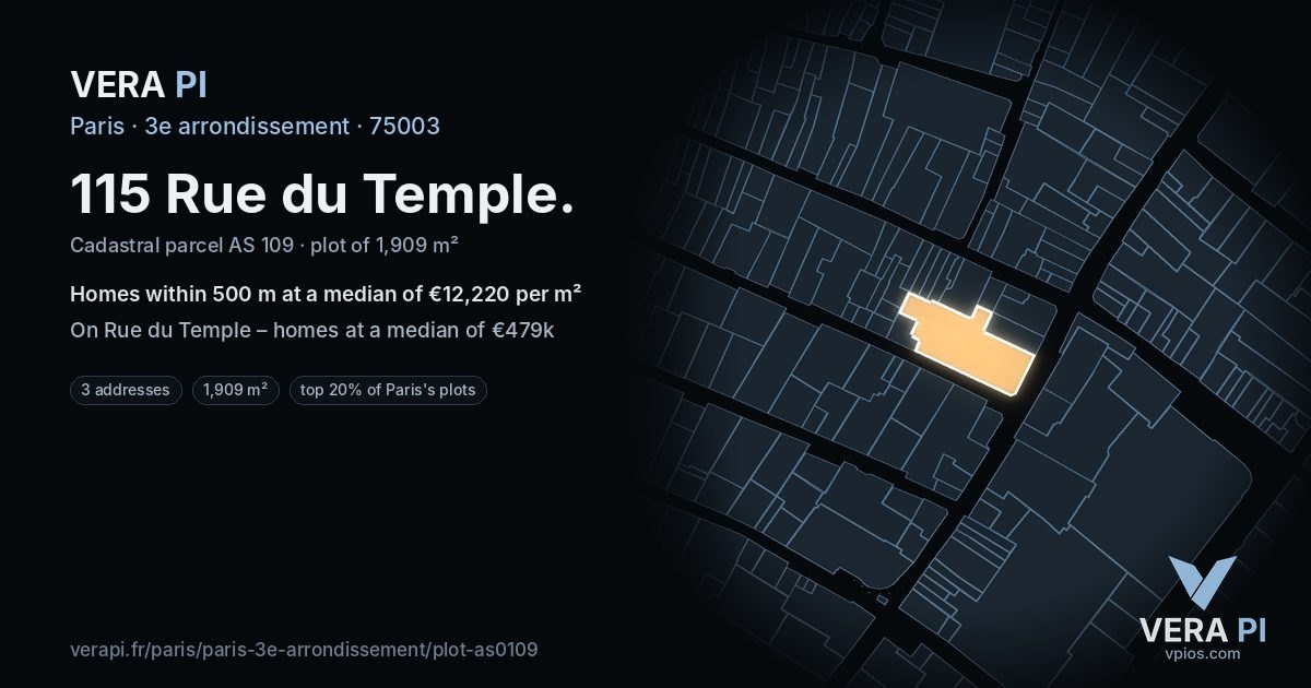 115 Rue du Temple, 3e arrondissement at night – the plot lit, the parcels around coloured by the prices near them