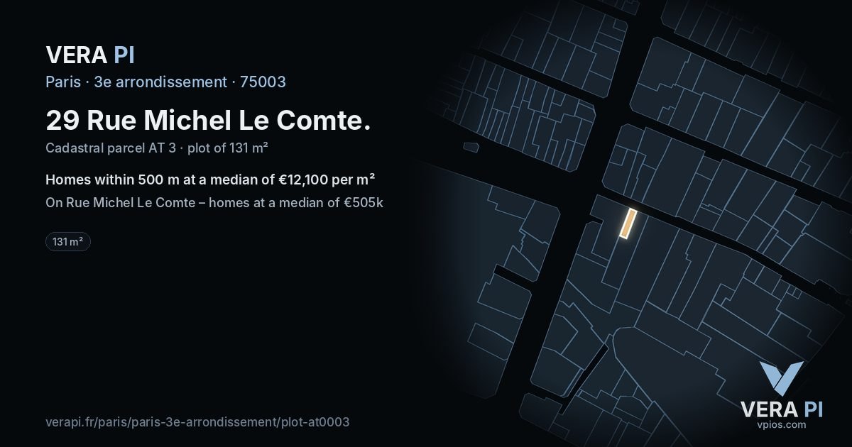 29 Rue Michel Le Comte, 3e arrondissement at night – the plot lit, the parcels around coloured by the prices near them