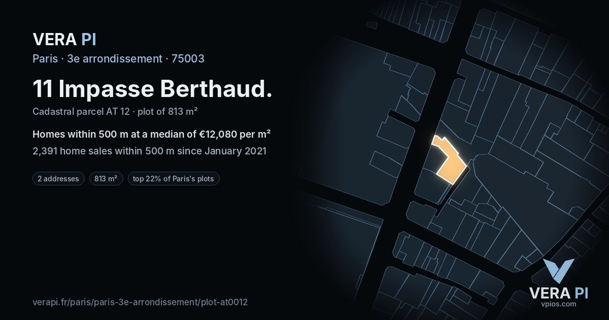 11 Impasse Berthaud, 3e arrondissement at night – the plot lit, the parcels around coloured by the prices near them